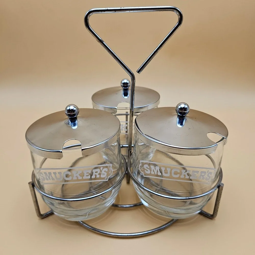 Vintage Smuckers‎ Glass Jam Jelly Condiment Jars Set of 3 with Metal Caddy
